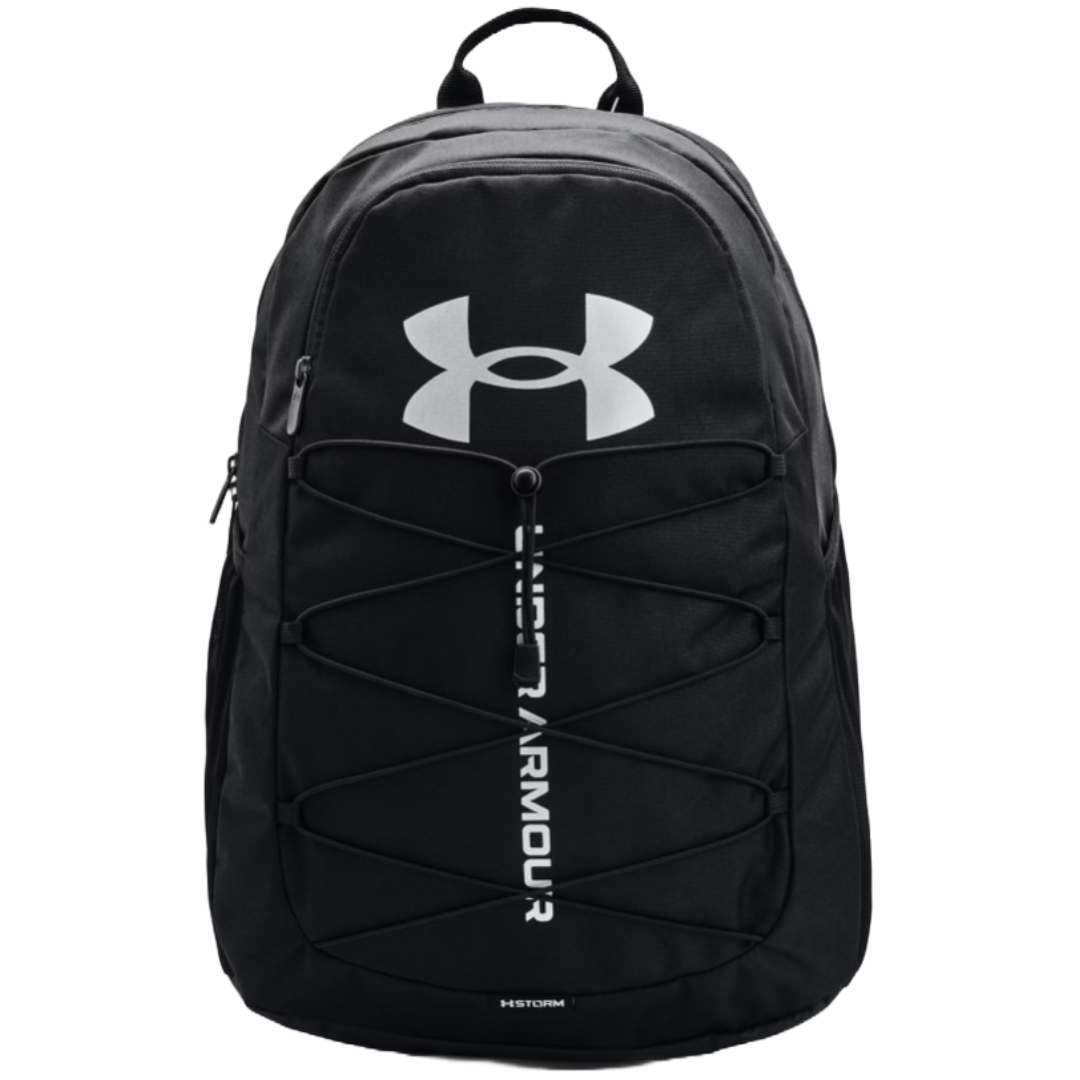 Black Under Armour backpack with a large logo on the front, featuring bungee cord accents and the word \“Hustle\“ beneath.