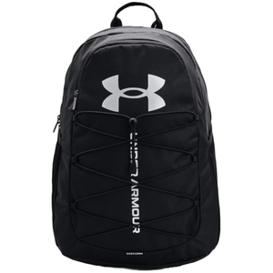 Black Under Armour backpack with a large logo on the front, featuring bungee cord accents and the word \“Hustle\“ beneath.
