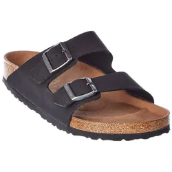 A black two-strap sandal with adjustable buckles and a cork footbed, offering a contoured, cushioned support.