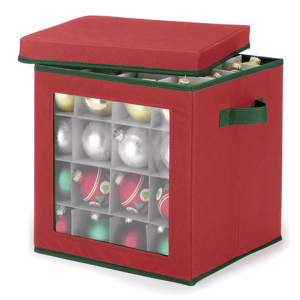 Red storage box with a clear window and green trim, designed for organizing and storing Christmas ornaments in individual compartments.