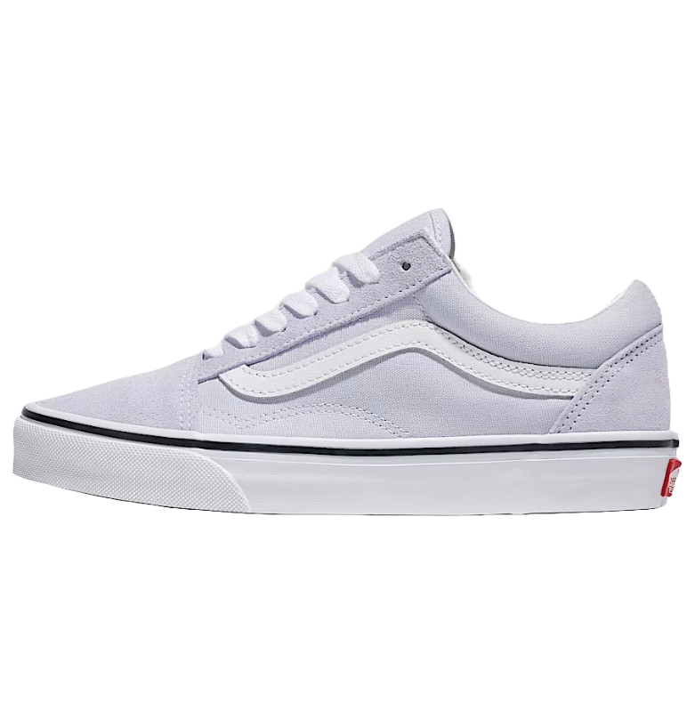 Light purple canvas sneaker with a white rubber sole and a distinctive white wave stripe on the side. Classic skate shoe design with white laces and a red label on the heel.
