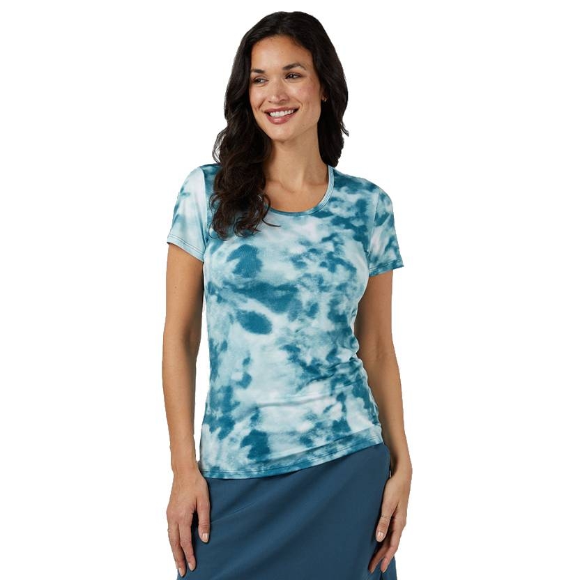 Blue and white tie-dye short-sleeve tee with a scoop neckline, worn by a woman paired with a blue skirt.