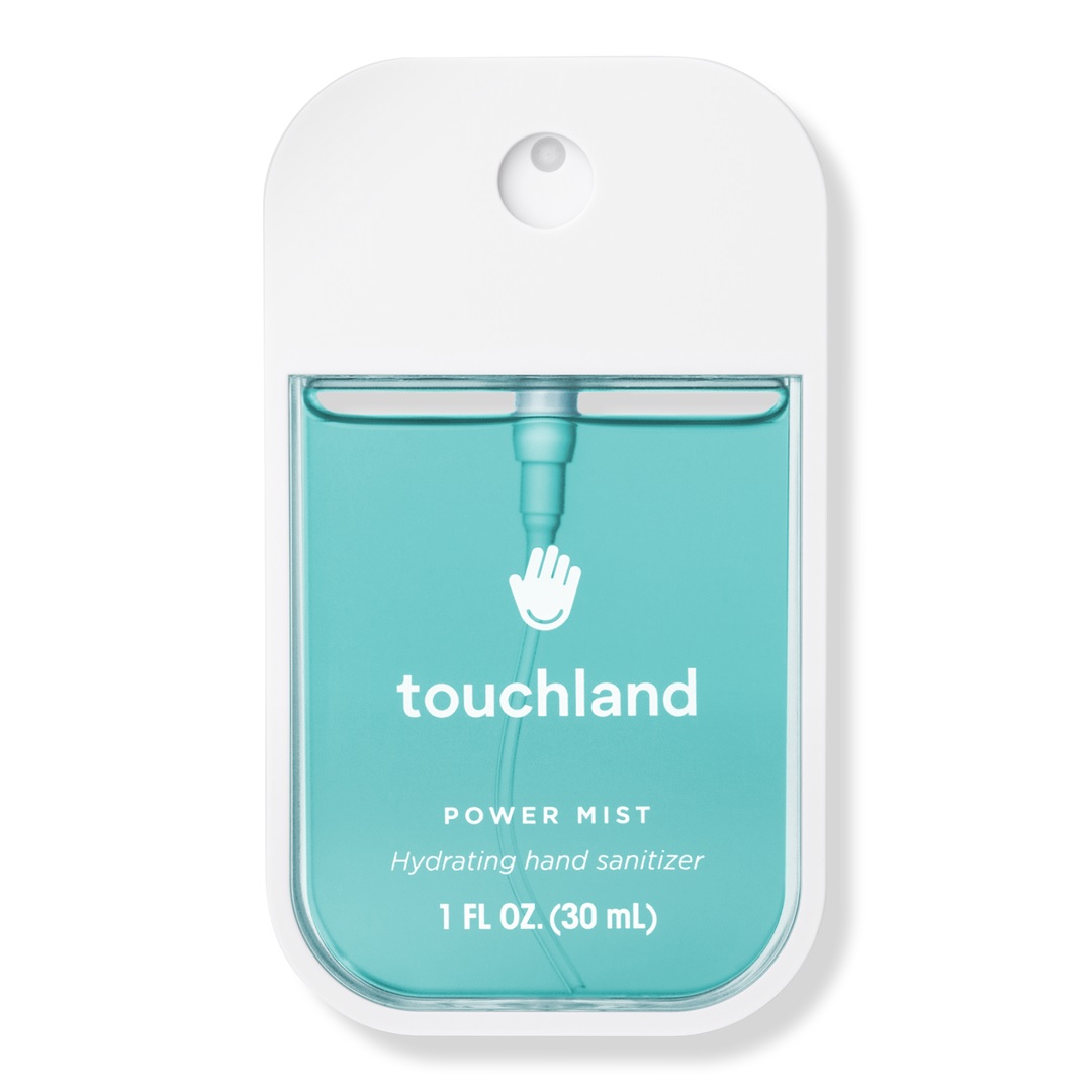 Touchland Power Mist Hydrating Hand Sanitizer, 1 FL OZ (30 mL), in a compact, rectangular bottle with a turquoise liquid and a spray nozzle.