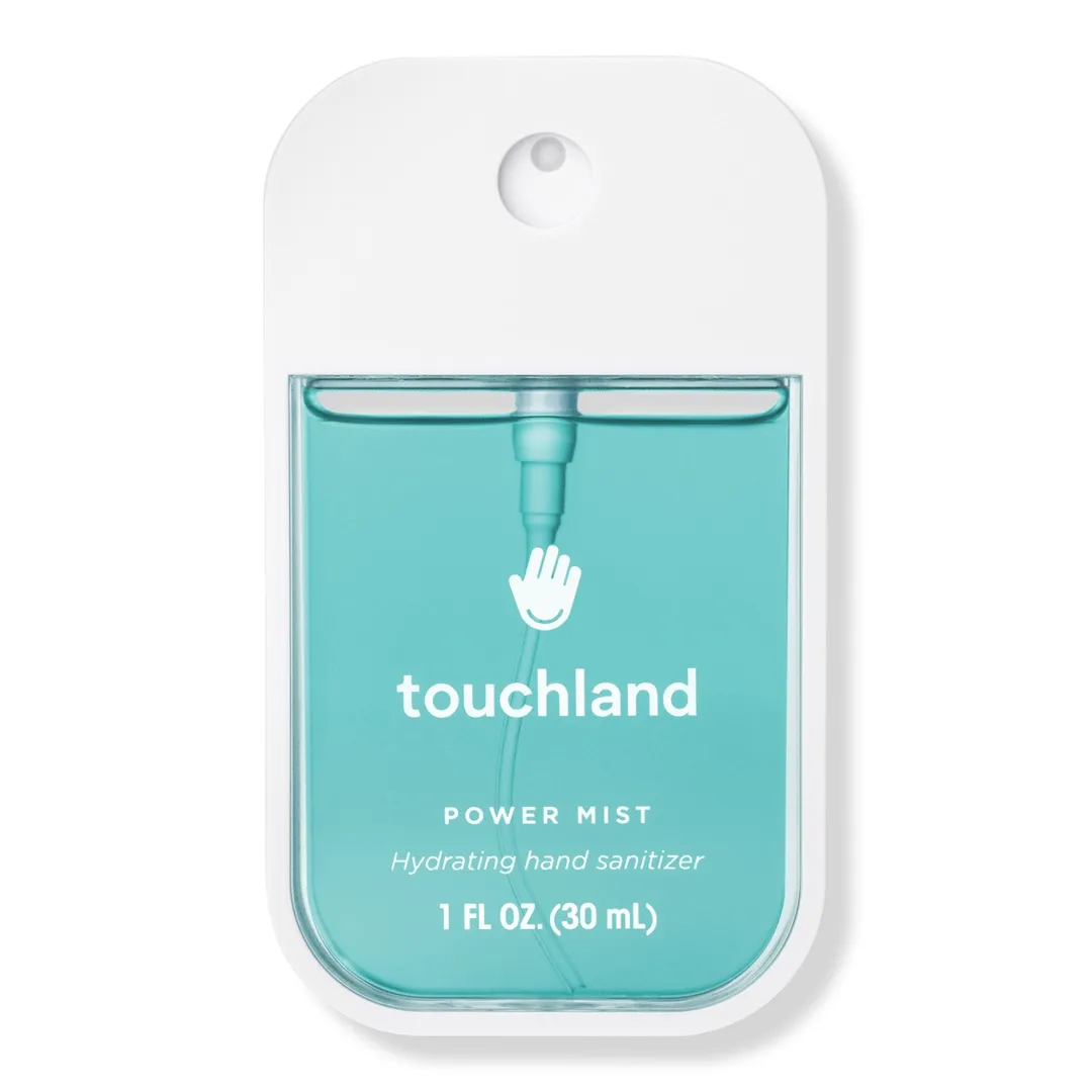 Touchland Power Mist Hydrating Hand Sanitizer, 1 FL OZ (30 mL), in a compact, rectangular bottle with a turquoise liquid and a spray nozzle.