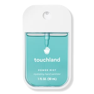 Touchland Power Mist Hydrating Hand Sanitizer, 1 FL OZ (30 mL), in a compact, rectangular bottle with a turquoise liquid and a spray nozzle.