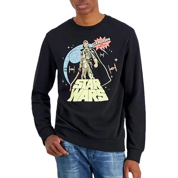 Black hoodie featuring a retro-style print of Darth Vader with \“CRUSH\“ above, set against the Death Star with TIE fighters. The \“Star Wars\“ logo is prominently displayed below in a bold, vintage font.
