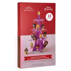 Hallmark Ornaments Disney Princess Countdown Calendar includes 12 mini-ornaments and a paper tree display, featuring characters from Disney Princesses.