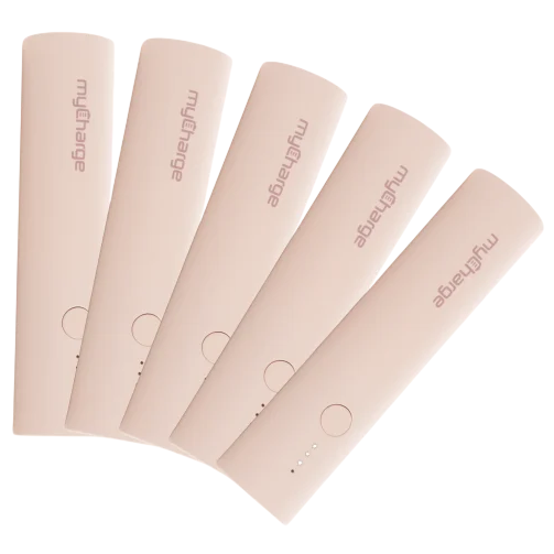 A set of five pale pink MyCharge portable power banks, each featuring a circular button and three LED indicators.