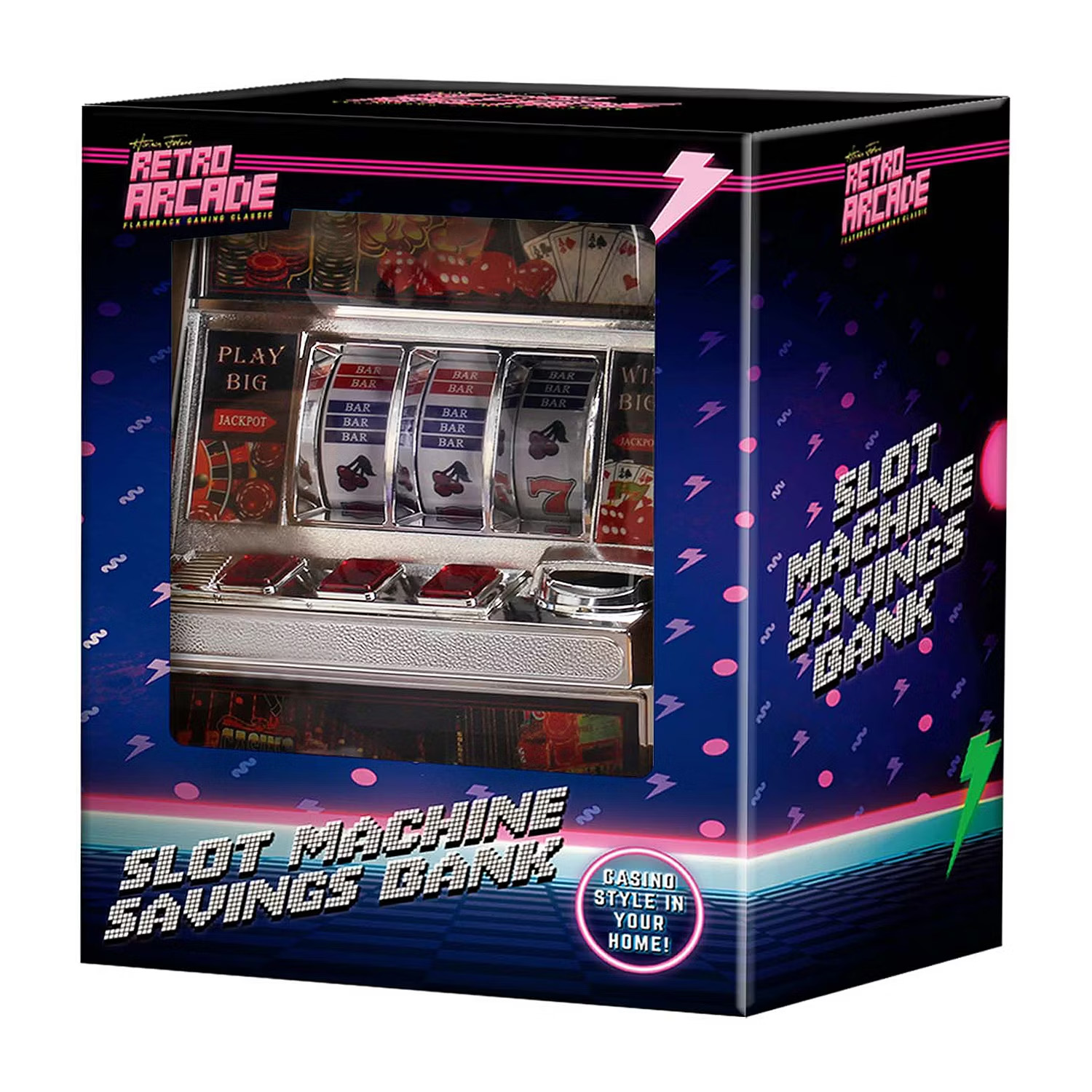 A mini slot machine coin bank designed to look like a classic casino slot machine, featuring a lever and reel graphics on the packaging, labeled as \“Retro Arcade.\“