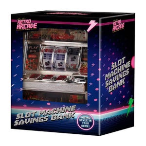A mini slot machine coin bank designed to look like a classic casino slot machine, featuring a lever and reel graphics on the packaging, labeled as \“Retro Arcade.\“