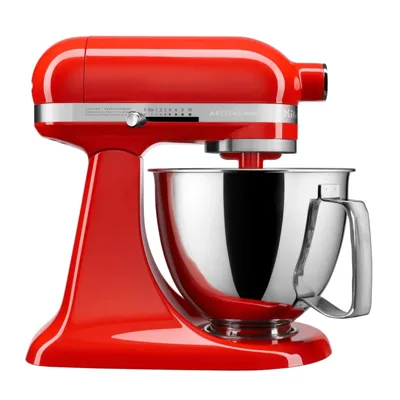 A red stand mixer with a stainless steel bowl and adjustable speed settings.