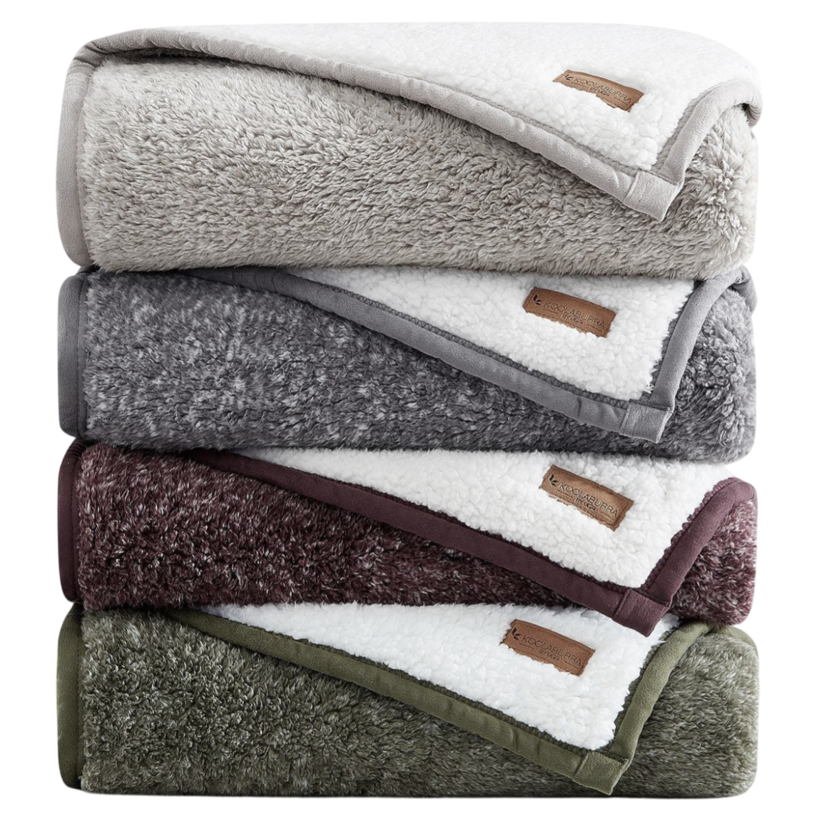 A stack of four plush sherpa-lined blankets in neutral colors: beige, gray, dark red, and olive green. Each blanket features a stitched label.