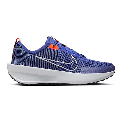 Blue Nike running shoes with a white sole and a prominent silver Nike swoosh, accented with bright orange details on the tongue and heel.