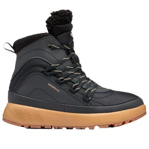 Waterproof winter boots with a padded black upper, tan rubber sole, and textured grip. Features include lace-up closure, ankle support, and a pull tab at the heel for easy wear.