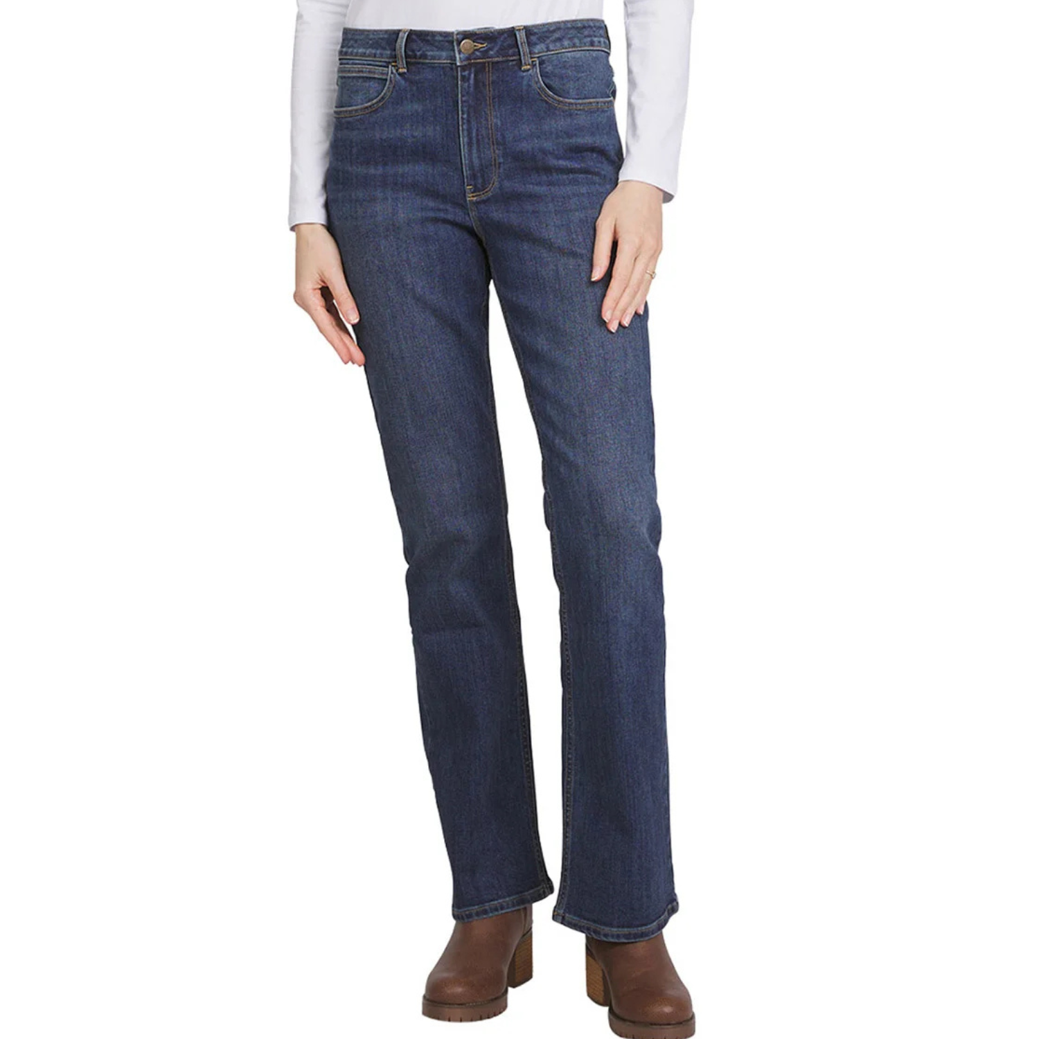 Wrangler Bootcut Jeans in dark blue denim, featuring a mid-rise fit with five-pocket styling and a straight leg that slightly flares at the bottom. Paired with brown heeled ankle boots.