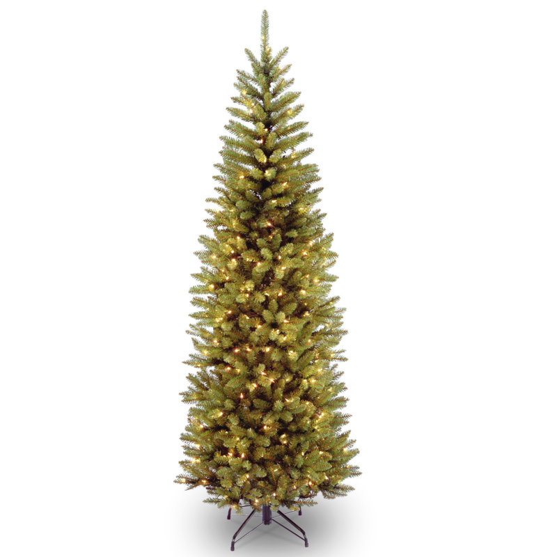 Artificial pre-lit slim Christmas tree with a metal stand, featuring warm white lights.