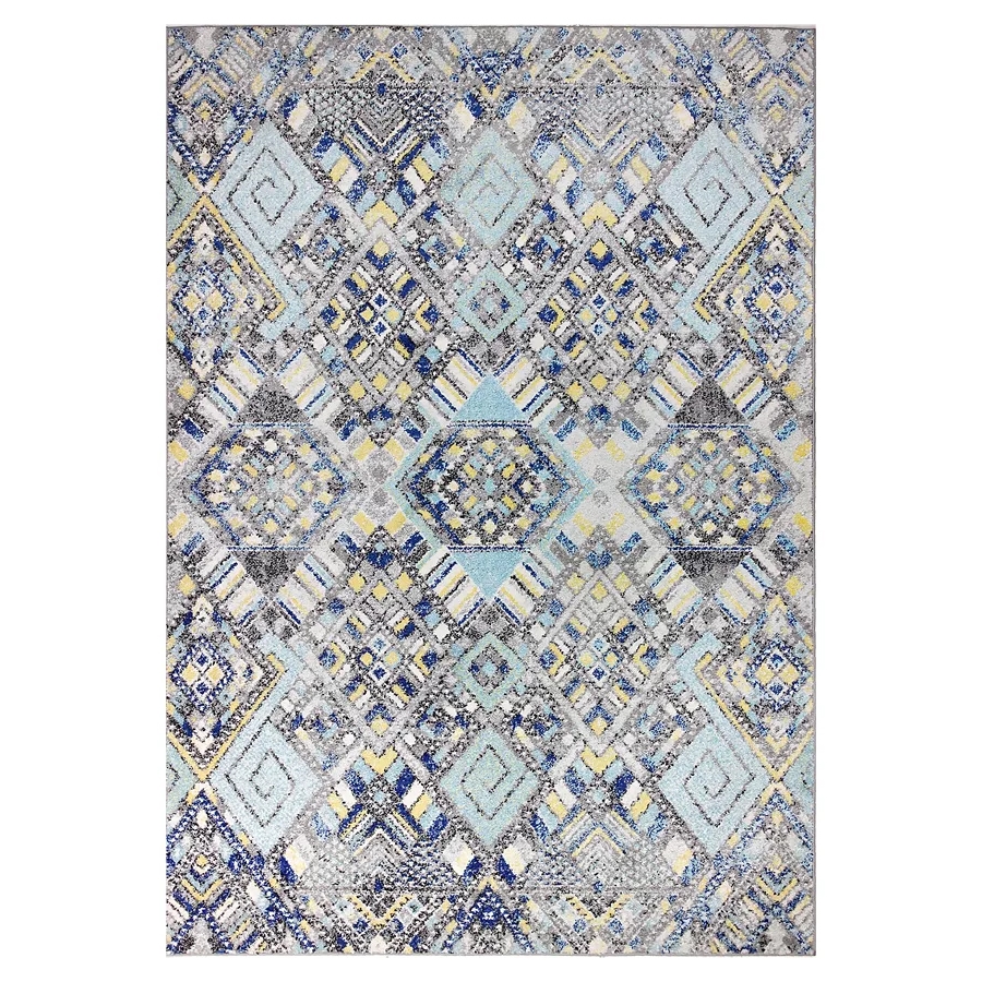 A patterned rug featuring intricate geometric designs with a color palette of blue, gray, yellow, and white. The motifs include spirals and diamond shapes arranged in a symmetrical layout.
