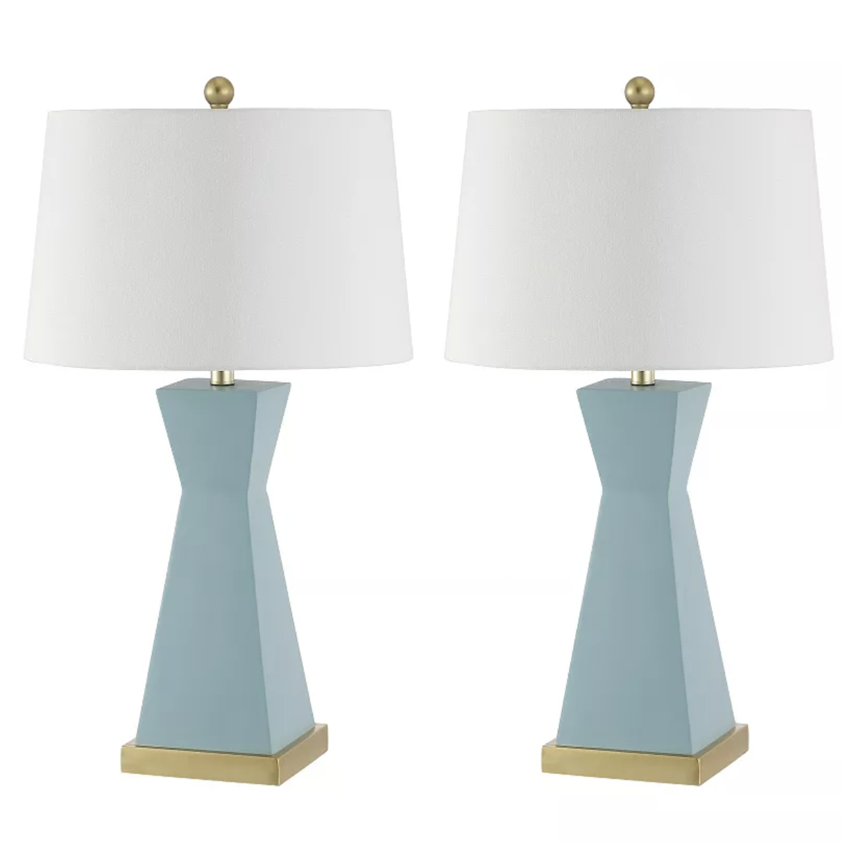 A pair of blue ceramic table lamps with white drum shades, featuring a geometric base and gold accents.