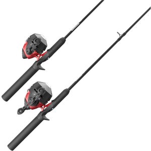 Set of two Zebco fishing rods with black handles and integrated red and black spincast reels, designed for easy casting and handling.