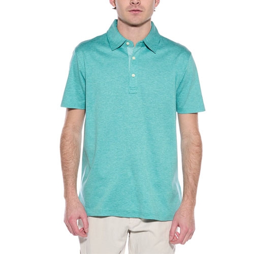 A turquoise short-sleeve polo shirt with a classic collar and three-button placket, designed for performance and made by Brooks Brothers. The model pairs it with beige pants.