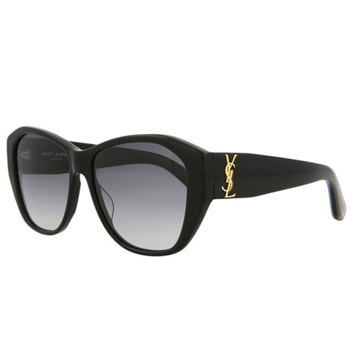 Black sunglasses with a thick frame and gradient lenses, featuring a gold YSL logo on the temples.