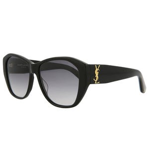 Black sunglasses with a thick frame and gradient lenses, featuring a gold YSL logo on the temples.