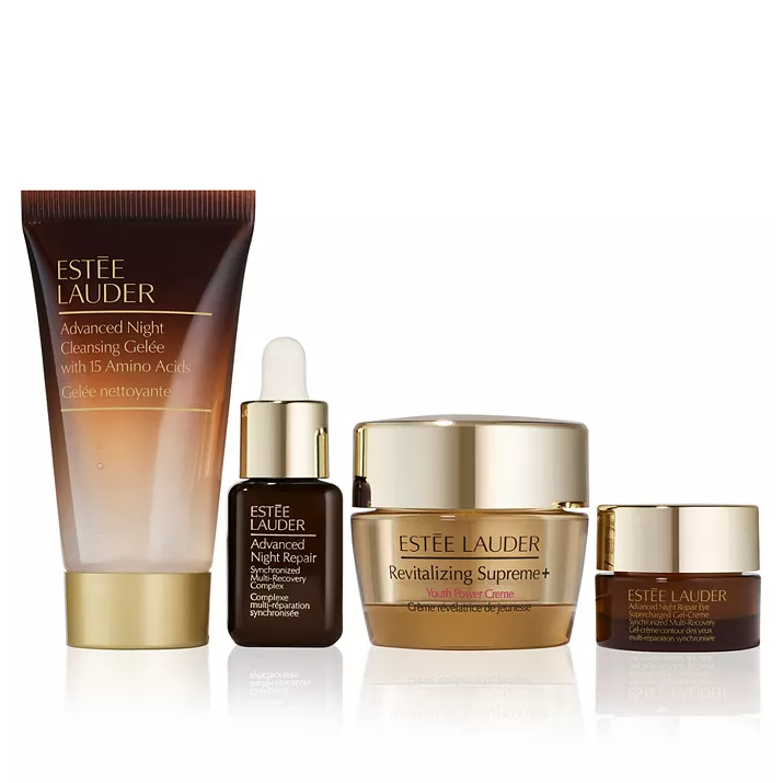 Estee Lauder's 4pc Skin Care Set includes Advanced Night Cleansing Gelée with 15 Amino Acids, Advanced Night Repair Synchronised Multi-Recovery Complex Serum, Revitalizing Supreme+ Youth Power Crème, and Advanced Night Repair Eye Supercharged Gel-Crème.