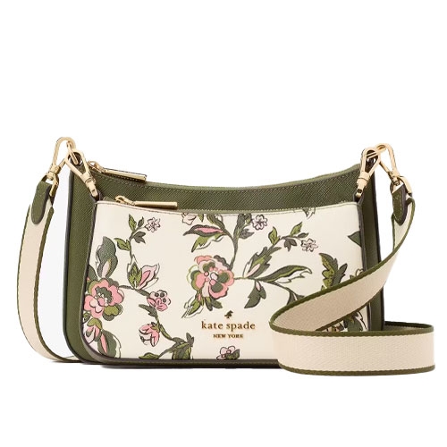 A floral-patterned Kate Spade handbag with green accents, gold-tone hardware, and a green-and-white adjustable strap.
