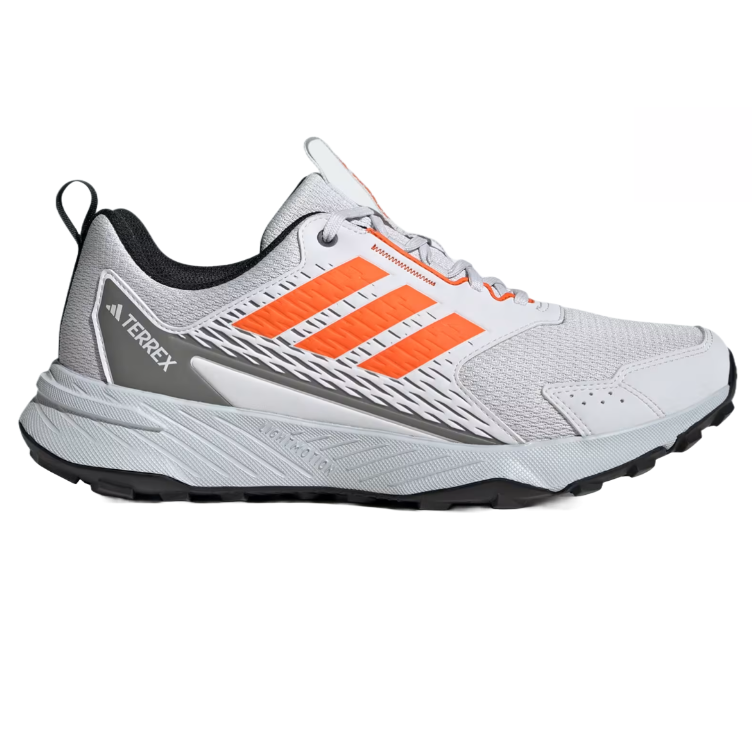 Adidas Terrex Tracefinder Trail Shoes feature a predominantly gray design with bright orange stripes, a durable mesh upper, and a rugged black outsole for traction. They are designed for outdoor activities, combining style and functionality.