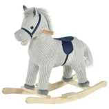 A plush gray rocking horse with a wooden base and blue saddle, featuring a ribbed texture and wooden handles.