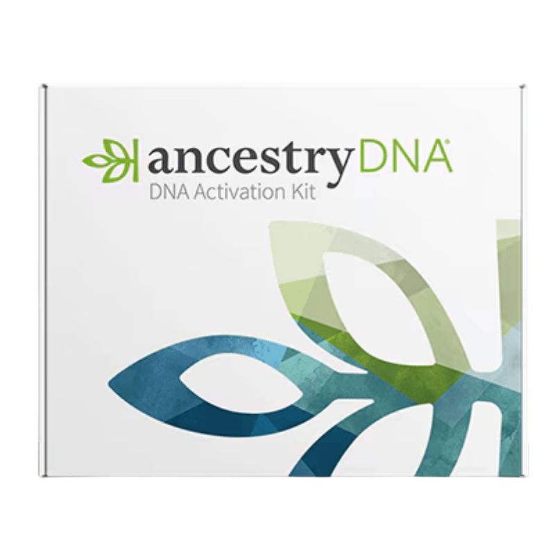 AncestryDNA Activation Kit with a blue and green leaf design on the packaging.