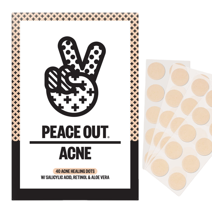 Peace Out Acne Healing Dots contain 40 dots with salicylic acid, retinol, and aloe vera for treating acne. They are designed to be applied directly to blemishes for healing.