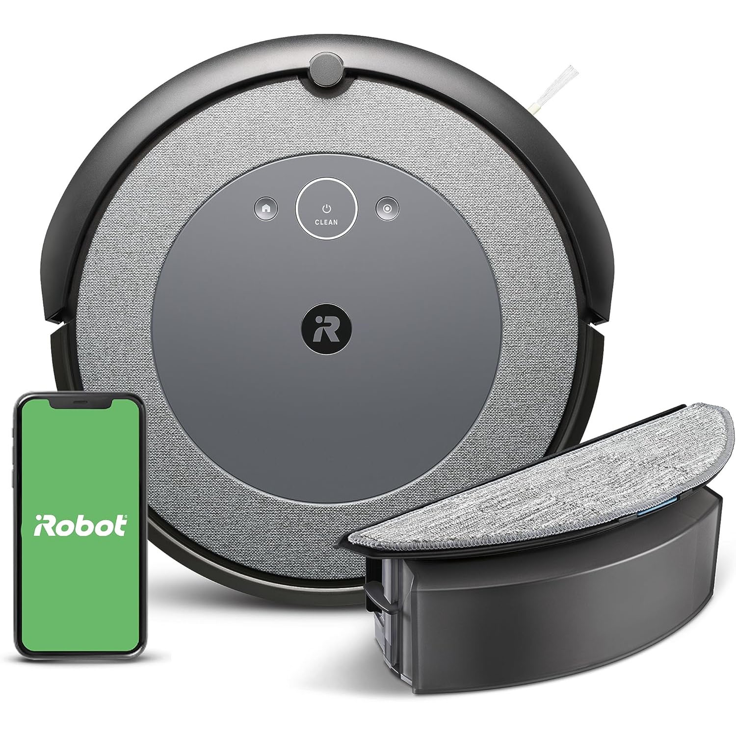 A round robot vacuum cleaner with a gray top and iRobot branding, shown with a smartphone displaying the iRobot app and an attachable cleaning accessory.
