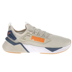 A beige and blue Puma athletic sneaker with orange branding, featuring a mesh upper, lace-up closure, and a cushioned sole.