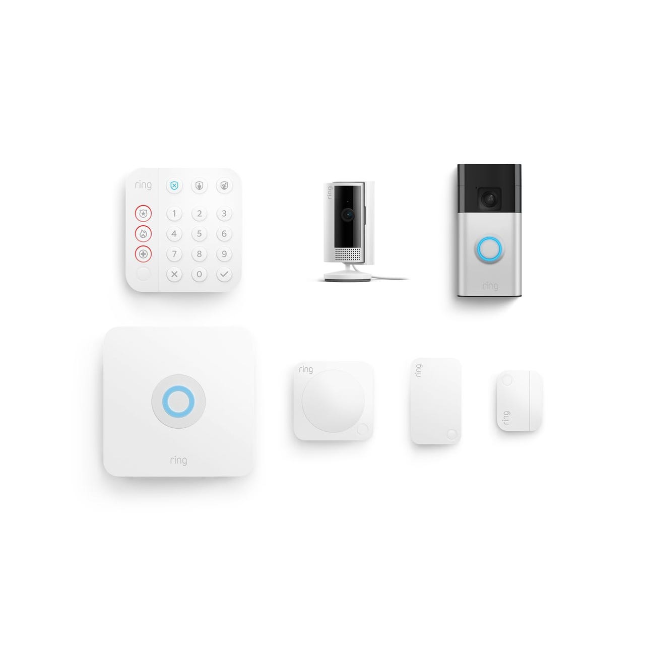 Ring security system featuring keypad, indoor camera, doorbell camera, base station, motion sensor, and contact sensor.