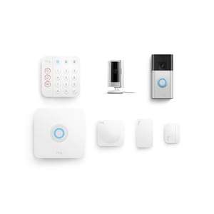 Ring security system featuring keypad, indoor camera, doorbell camera, base station, motion sensor, and contact sensor.