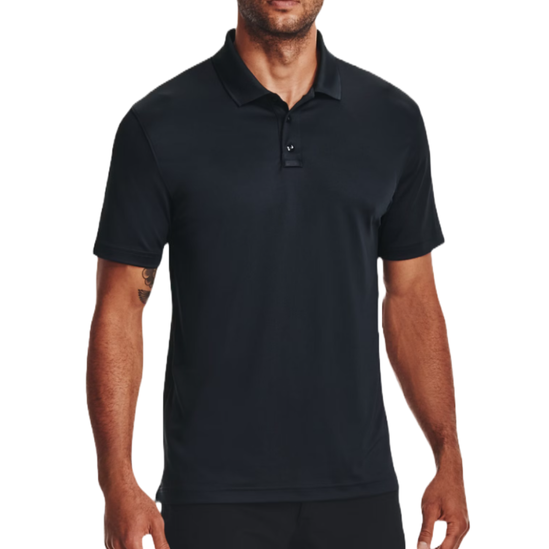 Under Armour Men's Polo in black, featuring a classic collar, short sleeves, and a three-button placket. The fabric is smooth and likely moisture-wicking, designed for comfort and performance.