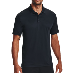 Under Armour Men's Polo in black, featuring a classic collar, short sleeves, and a three-button placket. The fabric is smooth and likely moisture-wicking, designed for comfort and performance.
