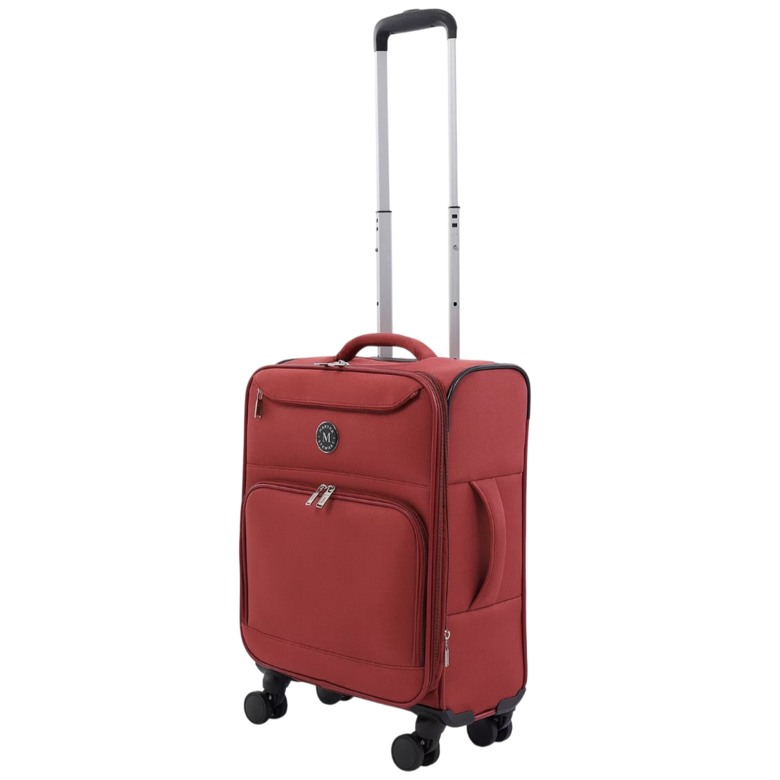 Red upright rolling suitcase with a telescopic handle, front zippered pocket, and four swivel wheels.