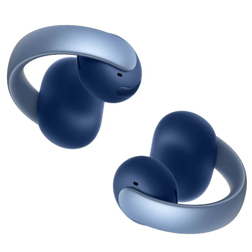 A pair of blue wireless earbuds with a unique circular design and ear hooks for secure fit.