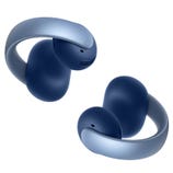 A pair of blue wireless earbuds with a unique circular design and ear hooks for secure fit.