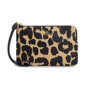 Leopard print wristlet pouch with a black leather strap and zipper closure.