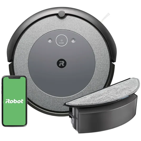 iRobot Roomba Combo j7 is a robotic vacuum and mop with smart connectivity, shown with a smartphone app and a detachable mopping pad.