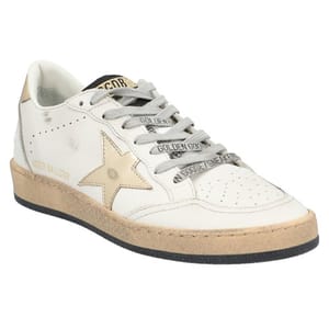 A white sneaker with a beige star and gold \“Golden Goose\“ text, featuring gray laces with black print, a beige midsole, and black outsole.