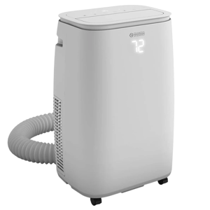 Portable air conditioner with a digital display showing 72 and a flexible exhaust hose, designed for easy mobility.