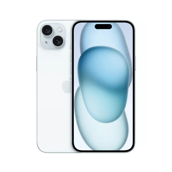 White iPhone with dual-camera system and a blue wallpaper on the screen.