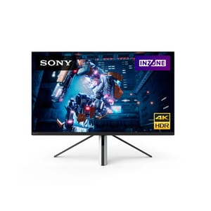 Sony 27\“ 4K HDR gaming monitor featuring INZONE branding, designed with a unique stand, and displaying a futuristic robotic scene.