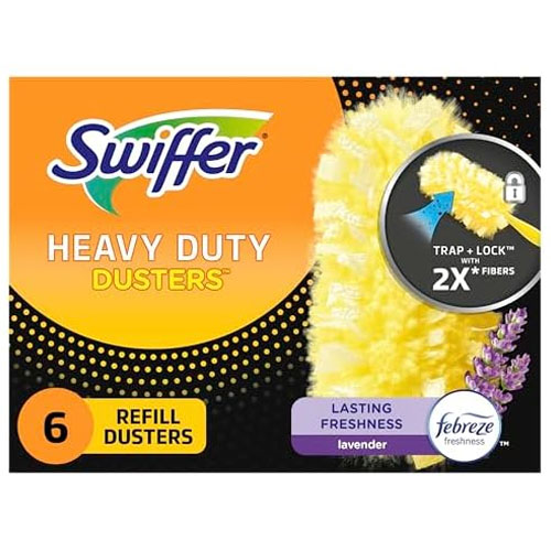 Swiffer Heavy Duty Dusters Refill (6 count) with Febreze freshness in lavender scent, featuring Trap + Lock technology with 2x fibers.