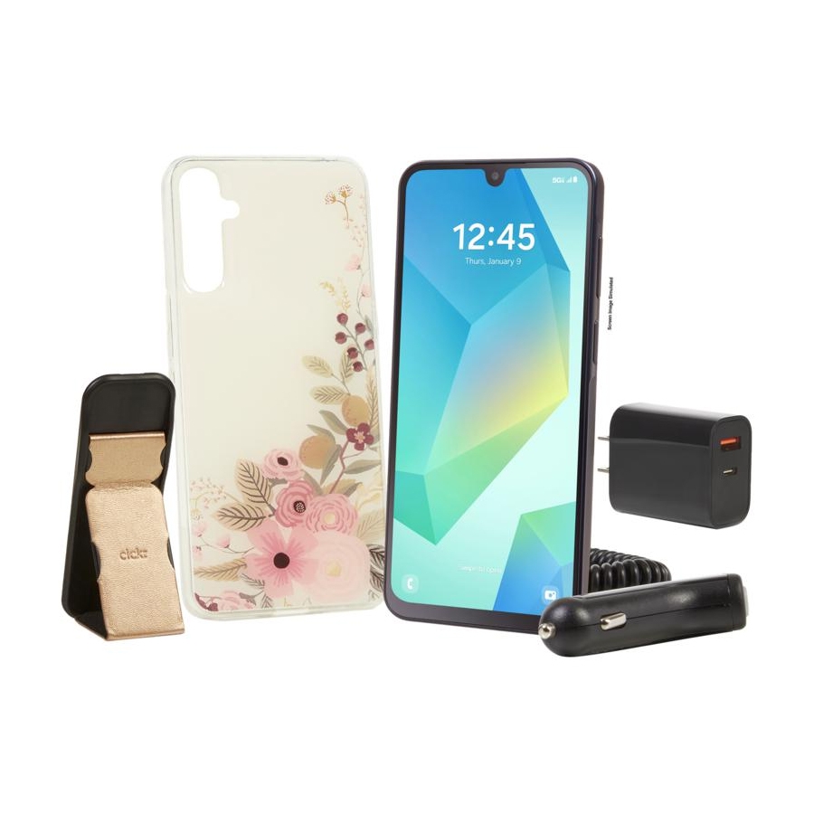A smartphone with a floral phone case, a portable device stand, a wall charger, and a car charger are displayed.