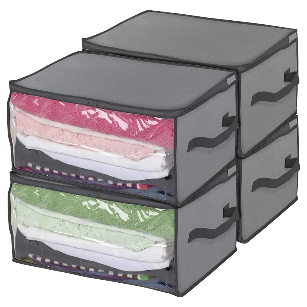 Stackable gray fabric storage bags with transparent fronts and side handles, containing folded clothes in various colors.